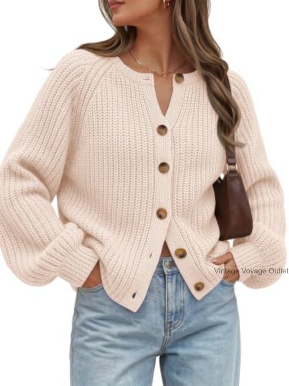 Chunky Knit Cardigan Sweater Balloon Sleeve Button Down Fall Outfit